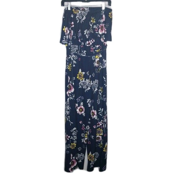 Eye Candy Romper Jumpsuit L Navy Blue Floral Wide Leg Flounce Boho Resortwear - Picture 6 of 8